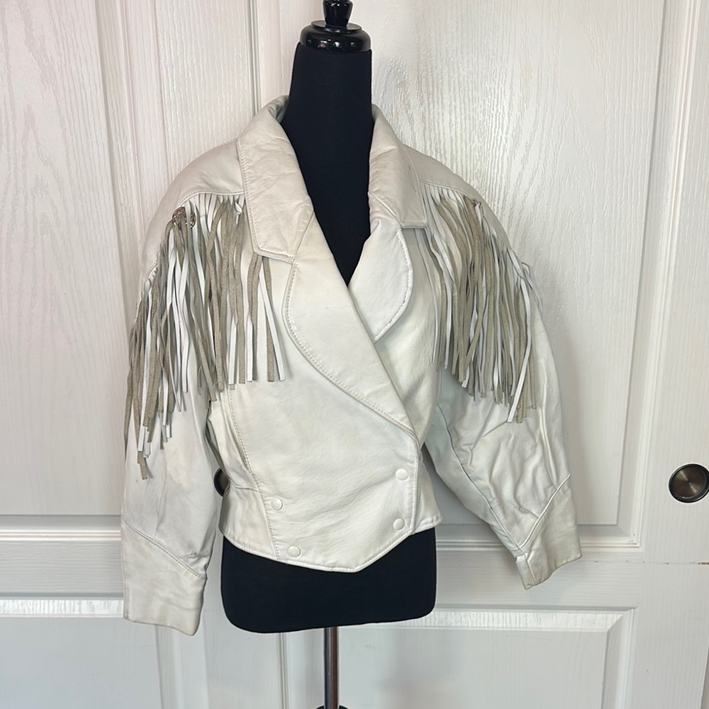 VTG 80s WHITE LEATHER FRINGE WESTERN COWGIRL JACKET